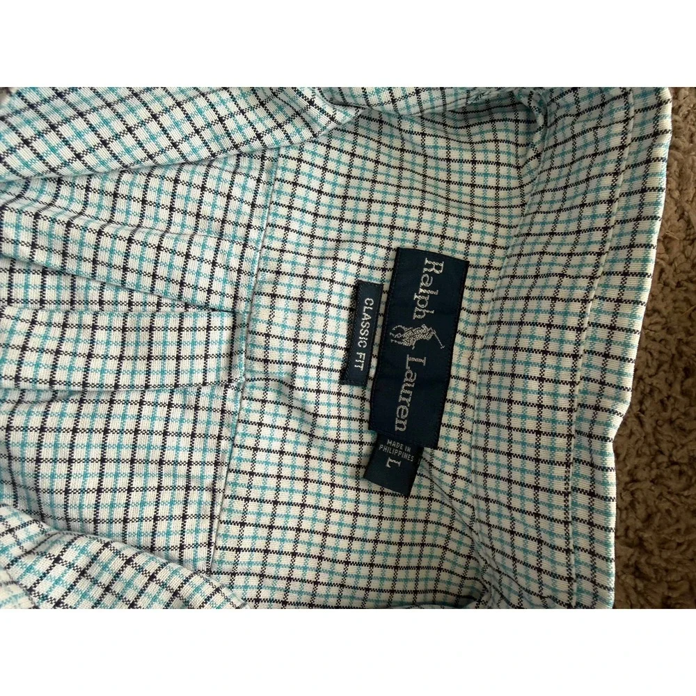 Polo Ralph Lauren Classic Fit Check Button Down Shirt Mens Large Teal Navy Blue - Picture 5 of 9